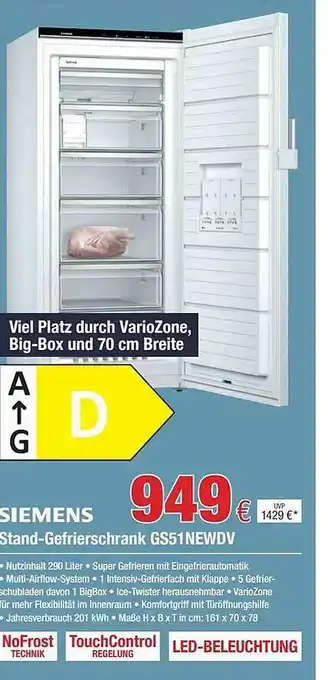 Electroplus Siemens stand-gefrierschrank gs51newdv Angebot