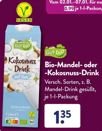 Aldi Süd Gut Bio Bio-Mandel oder Kokosnuss Drink 1 L Packung Angebot