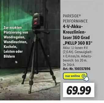 Lidl Parkside performance 4-v-akku-kreuzlinien-laser 360 grad „pkllp 360 b3” Angebot