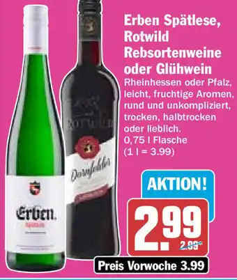 Hit Erben Spätlese, Rotwild Rebsortenweine oder Glühwein 0,75 L Flasche Angebot