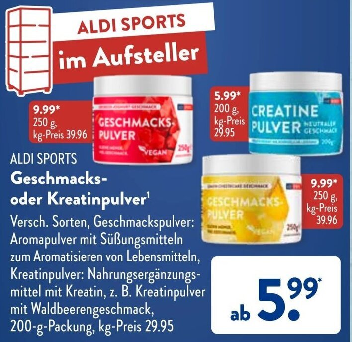 Aldi Sports Geschmacks oder Kreatinpulver 200 g Packung Angebot bei