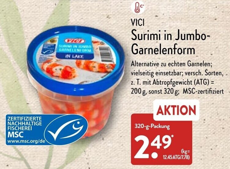 Vici Surimi in Jumbo Garnelenform 320 g Packung Angebot bei Aldi Nord