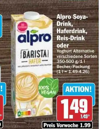 Hit Alpro soya-drink, haferdrink, reis-drink Angebot