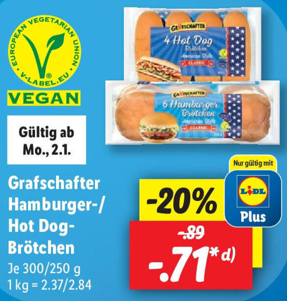 Grafschafter Hamburger/Hot Dog Brötchen 300/250 g Angebot bei Lidl