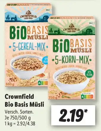 Lidl Crownfield Bio Basis Müsli 750/500 g Angebot