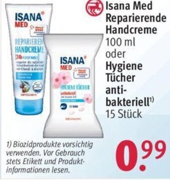 Rossmann Isana Med Reparierende Handcreme 100ml oder Hygiene Tücher antibakteriell 15 Stück Angebot