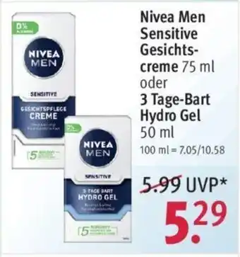 Rossmann Nivea Men Sensitive Gesichtscreme 75ml oder 3 Tage Bart Hydro Gel 50ml Angebot