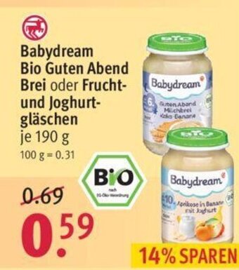 Rossmann Babydream Bio Guten Abend Brei oder Frucht und Joghurtgläschen 190g Angebot