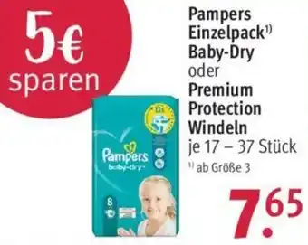 Rossmann Pampers Einzelpack Baby Dry oder Premium Protection Windeln 17-37 Stück Angebot