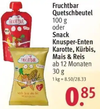 Rossmann Fruchtbar Quetschbeutel 100 g oder Snack Knusper Enten Karotte, Kürbis, Mais & Reis 30 g Angebot