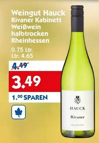 Hol'ab Getränkemarkt Weingut Hauck Rivaner Kabinett Weißwein halbtrocken Rheinhessen 0.75L Angebot