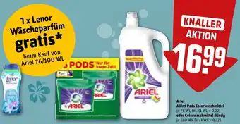 REWE Ariel Allin1 Pods Colorwaschmittel 76 WL Btl. oder Colorwaschmittel flüssig 100 WL-Fl. Angebot