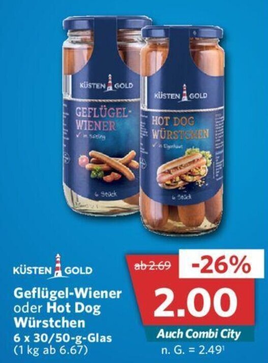 Kusten Gold GeflugelWiener o. HotDog Wurstchen 6*30/50g Angebot bei Combi