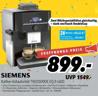 MEDIMAX Siemens Kaffee Vollautomat TI921509DE EQ.9 s100 Angebot