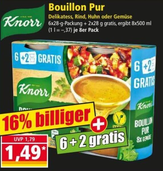 Knorr Bouillon Pur 6x28 g Packung + 2x28 g gratis Angebot bei Norma