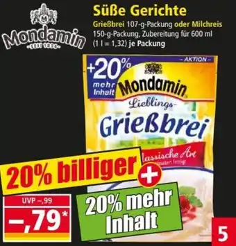 Norma Mondamin Süße Gerichte Grießbrei 107 g Packung Angebot