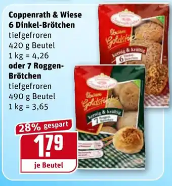 REWE Coppenrath & Wiese 6 Dinkel Brötchen 420g Beutel oder 7 Roggen Brötchen 490g Beutel Angebot