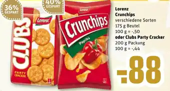 REWE Lorenz Crunchips 175g Beutel oder Clubs Party Cracker 200g Angebot