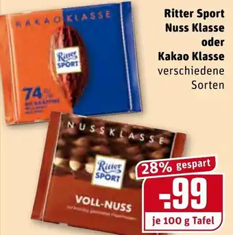 REWE Ritter Sport Nuss Klasse oder Kakao Klasse 100g Angebot