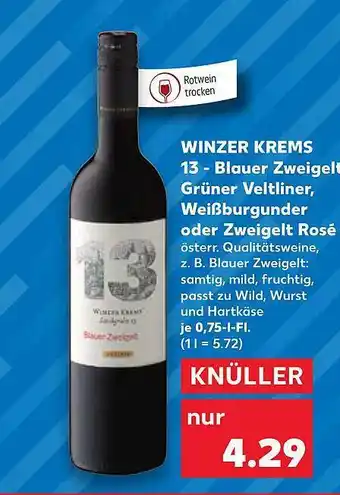 Kaufland Winzer krems 13 - blauer zweigelt grüner vetliner, weißburgunder oder zweigelt rosé Angebot