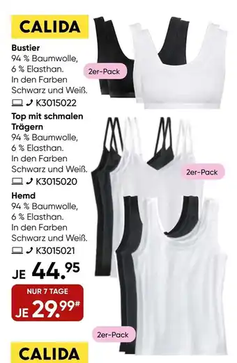 Galeria Calida Bustier 2st / Top mit schmalen Tragern 2st / Hemd 2st Angebot