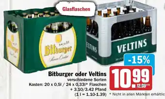 AEZ Bitburger oder Veltins 20x0,5 L/24x0,33 L Flaschen Angebot