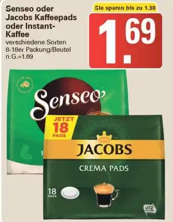 WEZ Senseo oder Jacobs Kaffeepads oder Instant Kaffee 8-18er Packung/Beutel Angebot