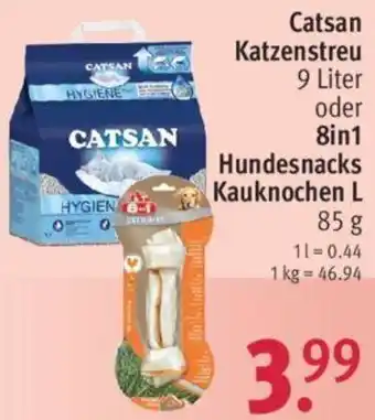 Rossmann Catsan Katzenstreu 9 Liter oder 8in1 Hundesnacks Kauknochen L 85 g Angebot