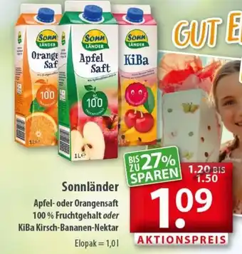 Getränkeland Sonnländer Apfel oder Orangensaft 100% Fruchtgehalt oder KiBa Kirsch Bananen Nektar 1,0L Angebot