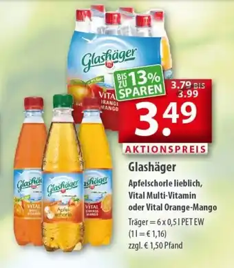 Getränkeland Glashäger Apfelschorle lieblich, Vital Multi-Vitamin oder Vital Orange-Mango 6x0,5L Angebot