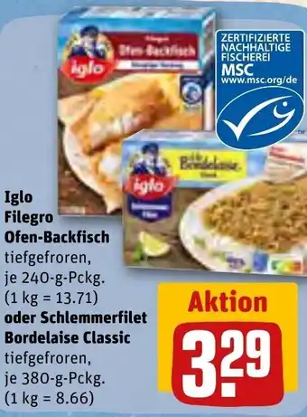 REWE Iglo Filegro Ofen Backfisch 240 g oder Schlemmerfilet Bordelaise Classic 380 g Pckg. Angebot