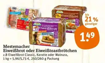 tegut Mestemacher Eiweßbrot oder Eiweißtoastbrötchen 250/260g Angebot