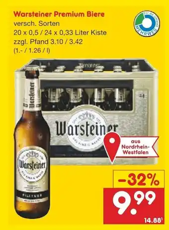 Netto Getränke Discount Warsteiner Premium Biere 20*500ml/24*330ml Angebot