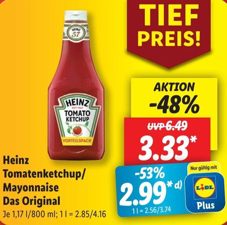 Heinz Tomatenketchup/Mayonnaise Das Original 1,17 L/800 ml Angebot bei Lidl