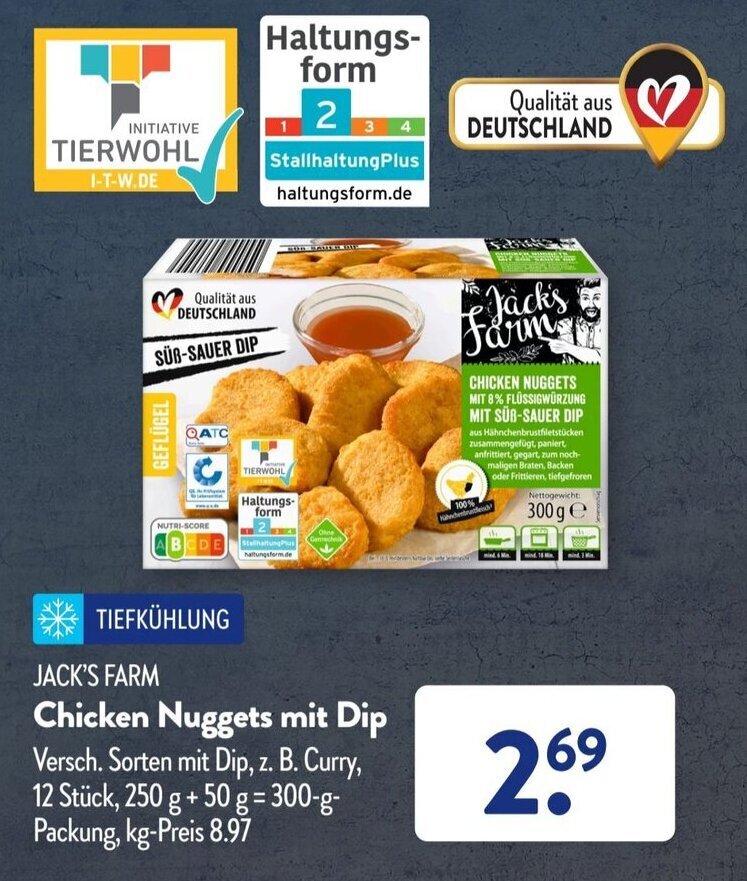 Jack's Farm Chicken Nuggets mit Dip 300 g Packung Angebot bei Aldi Süd