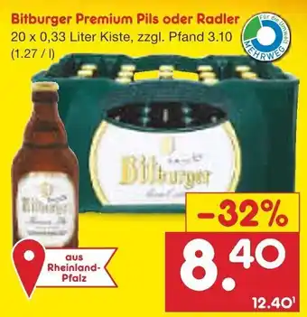 Netto Marken-Discount Bitburger Premium Pils oder Radler 20x0,33 Liter Kiste Angebot