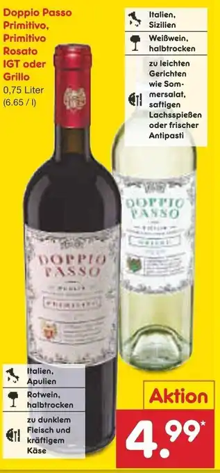 Netto Marken-Discount Doppio Passo Primitivo, Primitivo Rosato IGT oder Grillo 0,75 Liter Angebot