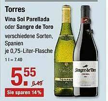 V Markt Torres Vina Dol Parellada Oder Sangre De Toro Angebot