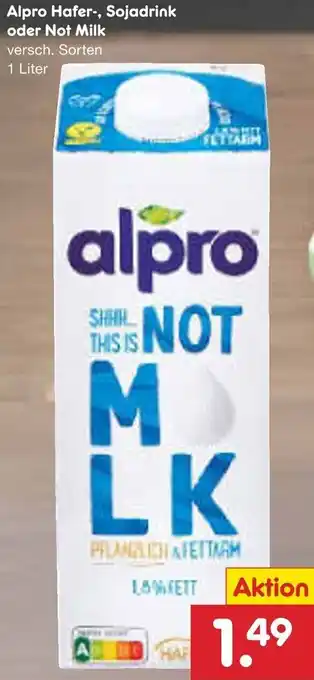 Netto Marken-Discount Alpro Hafer, Sojadrink oder Not Milk 1 Liter Angebot