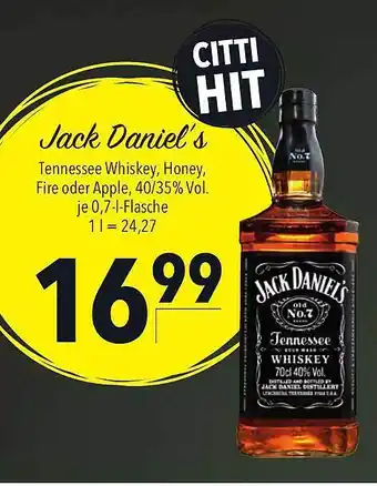 CITTI Markt Jack daniel's tennessee whiskey, honey, fire oder apple Angebot