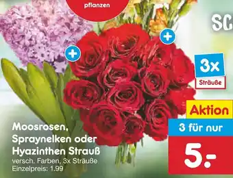 Netto Marken-Discount Moosrosen, Spraynelken oder Hyazinthen Strauß Angebot