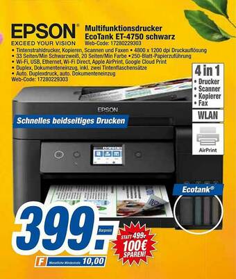 HEM Expert Epson Multifunktionsdrucker Ecotank Et-4750 Schwarz Angebot