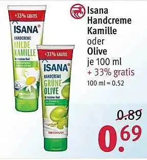 Rossmann Isana Handcreme Kamille oder Olive Angebot