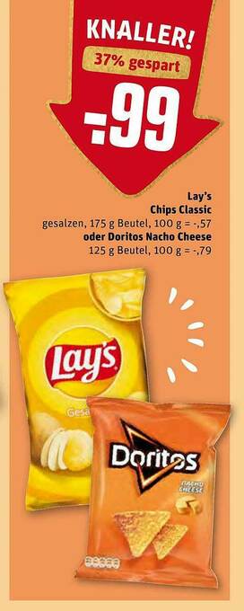 REWE Lay's Chips Classic Oder Doritos Nacho Cheese Angebot