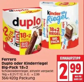 Edeka Ferrero Duplo oder Kinderriegel Big Pack 18+2, 364/420g Packung Angebot