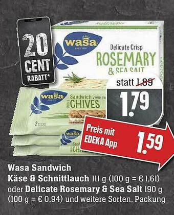 Edeka Wasa Sandwich Käse & Schnittlauch Oder Delicate Rosemary & Sea Salt Angebot