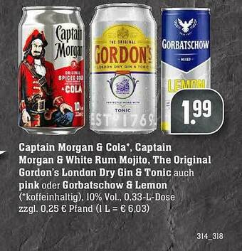 Edeka Captain Morgan & Cola, Captain Morgan & White Rum Mojito Oder Gordon's London Dry Gin & Tonic Auch Pink Oder Gorbatschow & Le Angebot