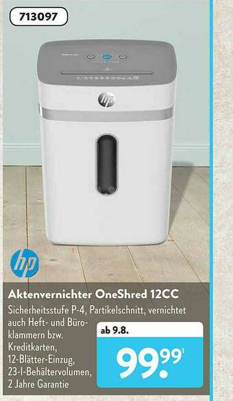 Aldi Süd HP Aktenvernichter OneShred 12CC Angebot