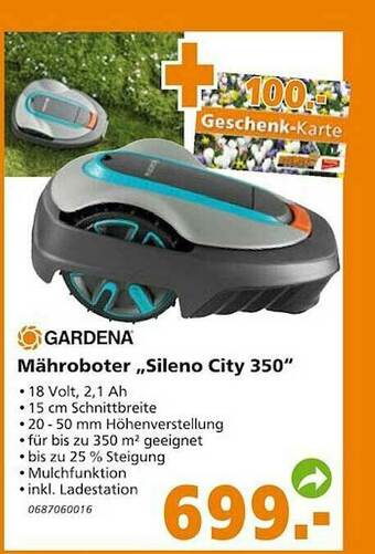 Globus Baumarkt Gardena Mähroboter „sileno City 350” Angebot