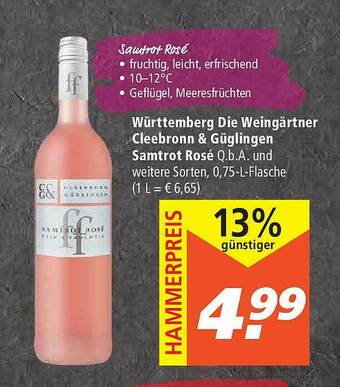 Marktkauf Württemberg Die Weingärtner Cleebronn & Güglingen Samtrot Rosé Q.b.a. Angebot